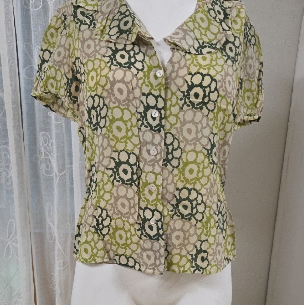 Linda Allard Ellen Tracy Floral Patterned Blouse - Green and Cream Sz 4 [1474]